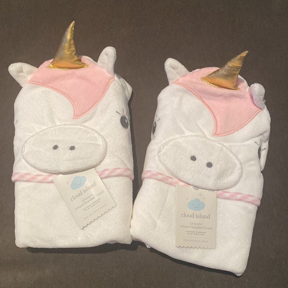 Cloud Island White Unicorn Infant Hooded Towel 30”x30” Bundle NWT